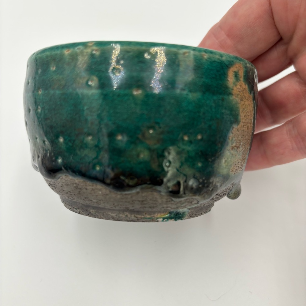 Raku Pottery Small Pot Drip Glaze ,Green ,Copper Iridescent Hand Thrown, signed